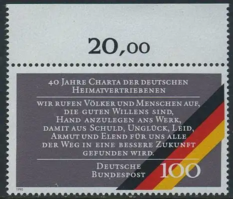 BUND 1990 Michel-Nummer 1470 postfrisch EINZELMARKE RAND oben (c)