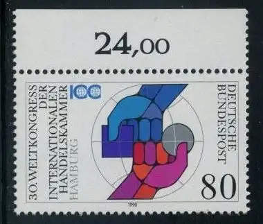 BUND 1990 Michel-Nummer 1471 postfrisch EINZELMARKE RAND oben (b)