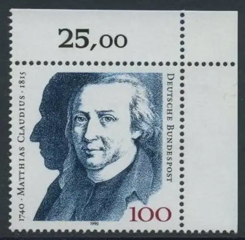 BUND 1990 Michel-Nummer 1473 postfrisch EINZELMARKE ECKRAND oben rechts