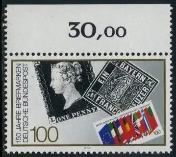 BUND 1990 Michel-Nummer 1479 postfrisch EINZELMARKE RAND oben (b)