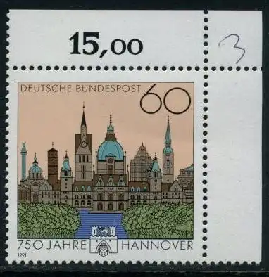 BUND 1991 Michel-Nummer 1491 postfrisch EINZELMARKE ECKRAND oben rechts (b)