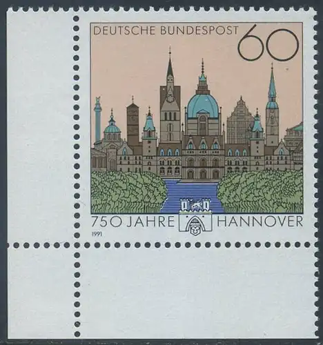 BUND 1991 Michel-Nummer 1491 postfrisch EINZELMARKE ECKRAND unten links