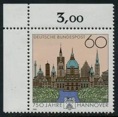 BUND 1991 Michel-Nummer 1491 postfrisch EINZELMARKE ECKRAND oben links