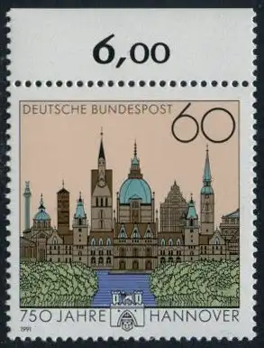 BUND 1991 Michel-Nummer 1491 postfrisch EINZELMARKE RAND oben