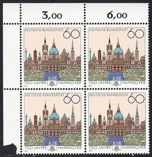 BUND 1991 Michel-Nummer 1491 postfrisch BLOCK ECKRAND oben links