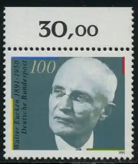 BUND 1991 Michel-Nummer 1494 postfrisch EINZELMARKE RAND oben