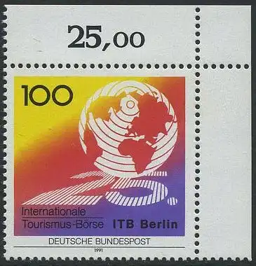 BUND 1991 Michel-Nummer 1495 postfrisch EINZELMARKE ECKRAND oben rechts