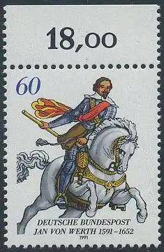 BUND 1991 Michel-Nummer 1504 postfrisch EINZELMARKE RAND oben (b)