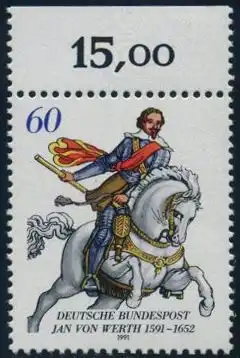 BUND 1991 Michel-Nummer 1504 postfrisch EINZELMARKE RAND oben (a)