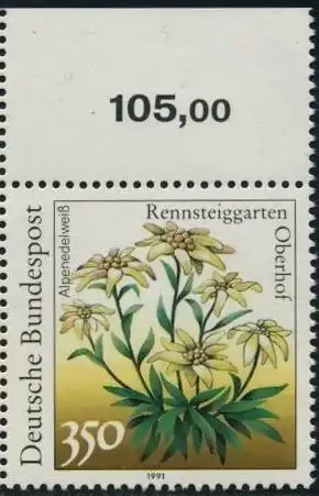 BUND 1991 Michel-Nummer 1509 postfrisch EINZELMARKE RAND oben (b)