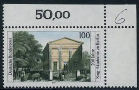 BUND 1991 Michel-Nummer 1520 postfrisch EINZELMARKE ECKRAND oben rechts (d)