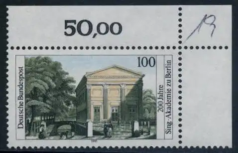 BUND 1991 Michel-Nummer 1520 postfrisch EINZELMARKE ECKRAND oben rechts (b)