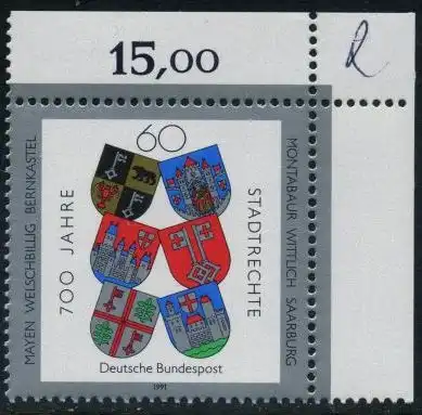BUND 1991 Michel-Nummer 1528 postfrisch EINZELMARKE ECKRAND oben rechts (b)