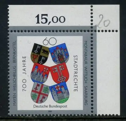 BUND 1991 Michel-Nummer 1528 postfrisch EINZELMARKE ECKRAND oben rechts (c)