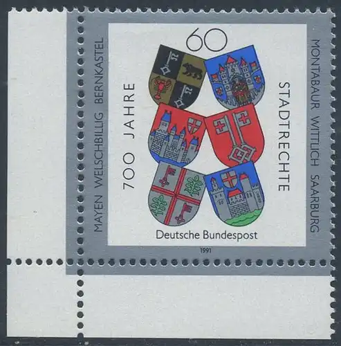 BUND 1991 Michel-Nummer 1528 postfrisch EINZELMARKE ECKRAND unten links