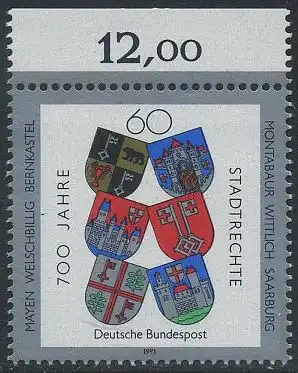 BUND 1991 Michel-Nummer 1528 postfrisch EINZELMARKE RAND oben (b)