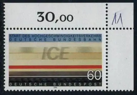 BUND 1991 Michel-Nummer 1530 postfrisch EINZELMARKE ECKRAND oben rechts (a)