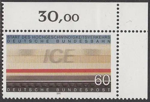 BUND 1991 Michel-Nummer 1530 postfrisch EINZELMARKE ECKRAND oben rechts (b)