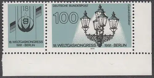 BUND 1991 Michel-Nummer 1538 postfrisch EINZELMARKE ECKRAND unten rechts (m/ Steg links)