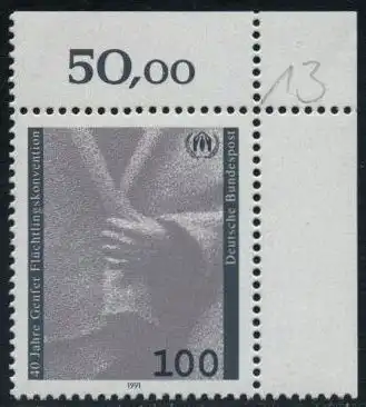 BUND 1991 Michel-Nummer 1544 postfrisch EINZELMARKE ECKRAND oben rechts