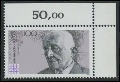 BUND 1991 Michel-Nummer 1556 postfrisch EINZELMARKE ECKRAND oben rechts