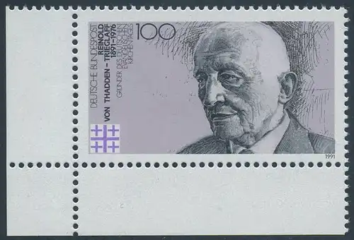 BUND 1991 Michel-Nummer 1556 postfrisch EINZELMARKE ECKRAND unten links