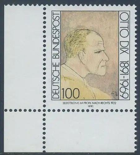 BUND 1991 Michel-Nummer 1573 postfrisch EINZELMARKE ECKRAND unten links