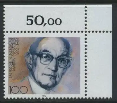 BUND 1992 Michel-Nummer 1584 postfrisch EINZELMARKE ECKRAND oben rechts