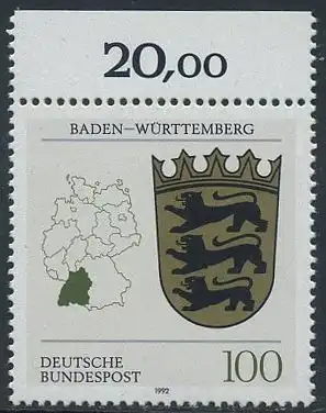 BUND 1992 Michel-Nummer 1586 postfrisch EINZELMARKE RAND oben