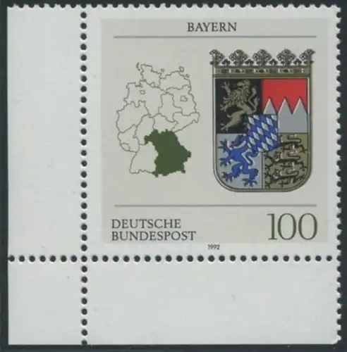 BUND 1992 Michel-Nummer 1587 postfrisch EINZELMARKE ECKRAND unten links