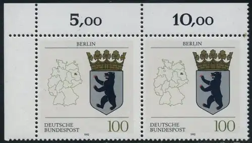 BUND 1992 Michel-Nummer 1588 postfrisch horiz.PAAR ECKRAND oben links