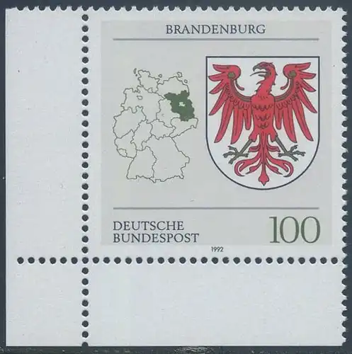 BUND 1992 Michel-Nummer 1589 postfrisch EINZELMARKE ECKRAND unten links