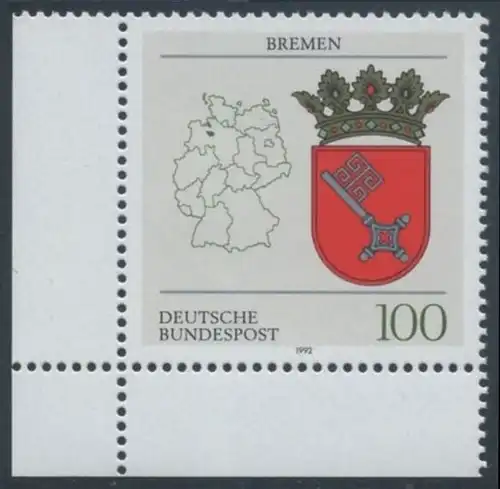 BUND 1992 Michel-Nummer 1590 postfrisch EINZELMARKE ECKRAND unten links