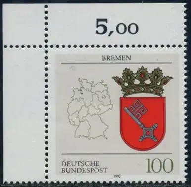 BUND 1992 Michel-Nummer 1590 postfrisch EINZELMARKE ECKRAND oben links