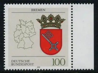BUND 1992 Michel-Nummer 1590 postfrisch EINZELMARKE RAND rechts