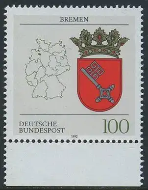 BUND 1992 Michel-Nummer 1590 postfrisch EINZELMARKE RAND unten