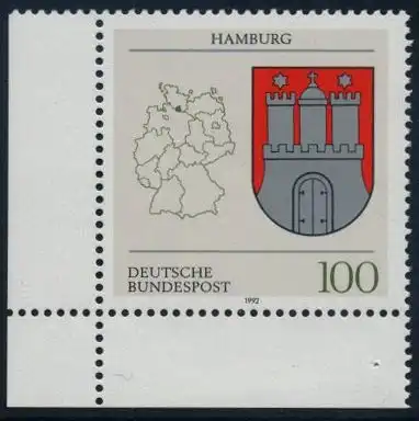 BUND 1992 Michel-Nummer 1591 postfrisch EINZELMARKE ECKRAND unten links