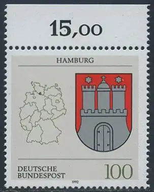 BUND 1992 Michel-Nummer 1591 postfrisch EINZELMARKE RAND oben