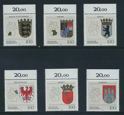 BUND 1992 Michel-Nummer 1586-1591 postfrisch SATZ(6) EINZELMARKEN RÄNDER oben