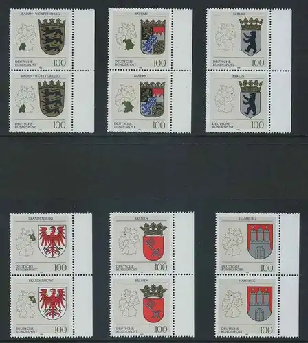 BUND 1992 Michel-Nummer 1586-1591 postfrisch SATZ(6) vert.PAARE RÄNDER rechts