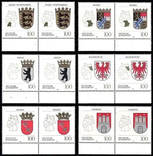 BUND 1992 Michel-Nummer 1586-1591 postfrisch SATZ(6) horiz.PAARE RÄNDER unten