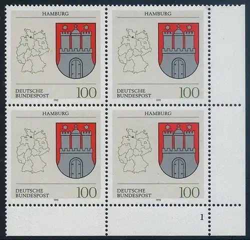 BUND 1992 Michel-Nummer 1591 postfrisch BLOCK ECKRAND unten rechts (FN)