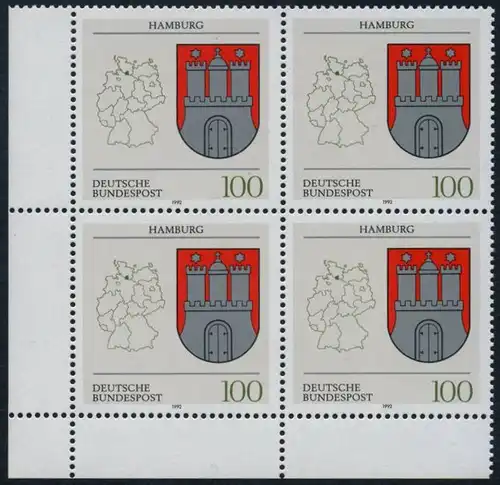 BUND 1992 Michel-Nummer 1591 postfrisch BLOCK ECKRAND unten links