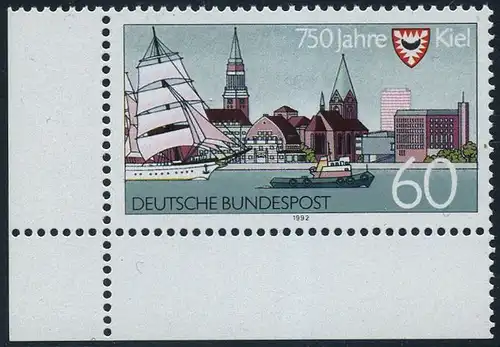 BUND 1992 Michel-Nummer 1598 postfrisch EINZELMARKE ECKRAND unten links