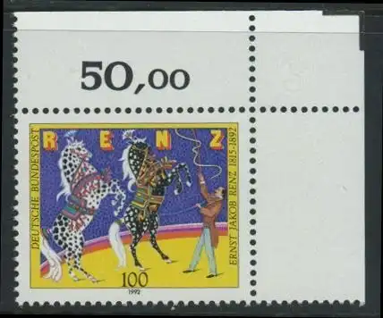 BUND 1992 Michel-Nummer 1600 postfrisch EINZELMARKE ECKRAND oben rechts (a)