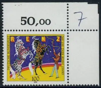 BUND 1992 Michel-Nummer 1600 postfrisch EINZELMARKE ECKRAND oben rechts (b)