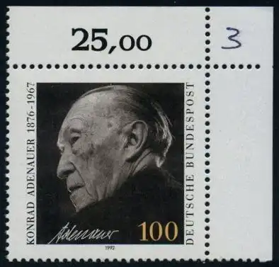 BUND 1992 Michel-Nummer 1601 postfrisch EINZELMARKE ECKRAND oben rechts (b)