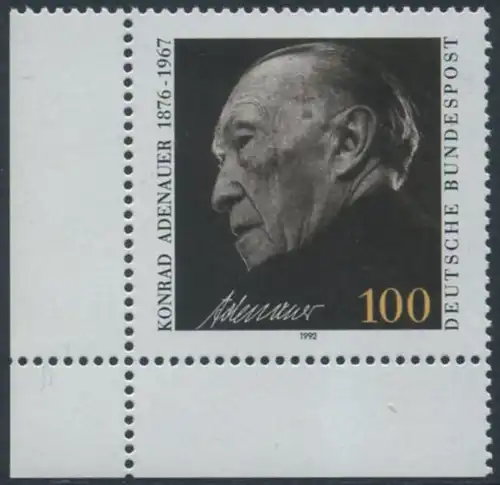 BUND 1992 Michel-Nummer 1601 postfrisch EINZELMARKE ECKRAND unten links