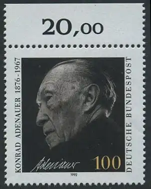 BUND 1992 Michel-Nummer 1601 postfrisch EINZELMARKE RAND oben