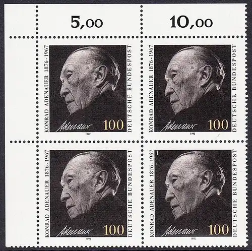 BUND 1992 Michel-Nummer 1601 postfrisch BLOCK ECKRAND oben links
